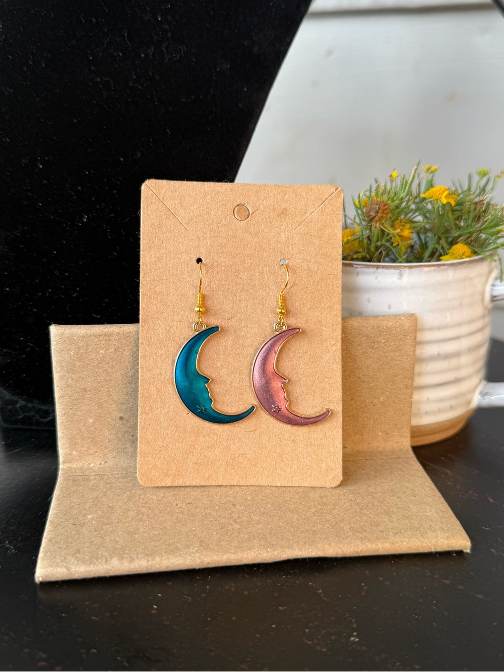 Moon Face Drop Earrings in Teal and Rose - Women Jewelry